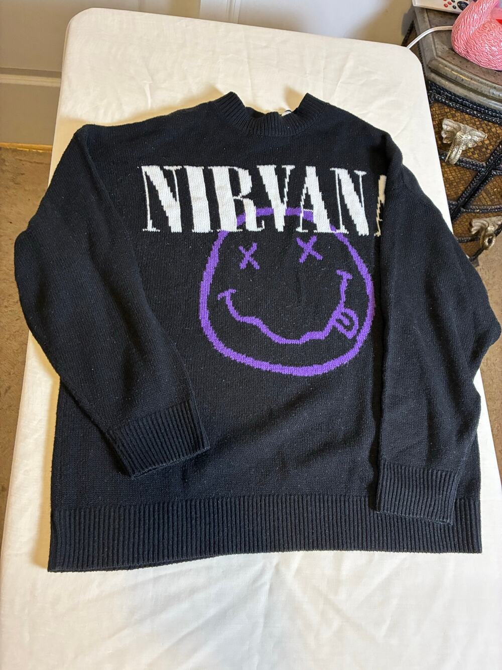H&M Nirvana Sweater Medium Black Purple Smiley Face Kurt Cobain Grunge Band